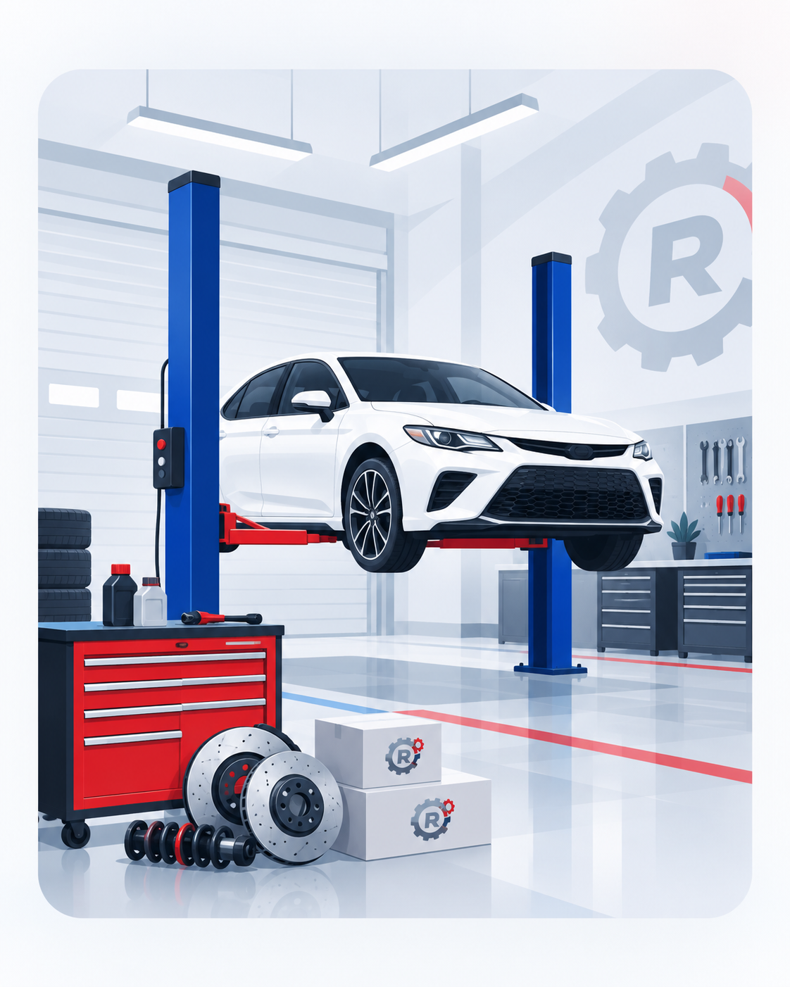 A white car on a workshop lift, surrounded by automotive parts and tools in Rebuild Auto Group colours.